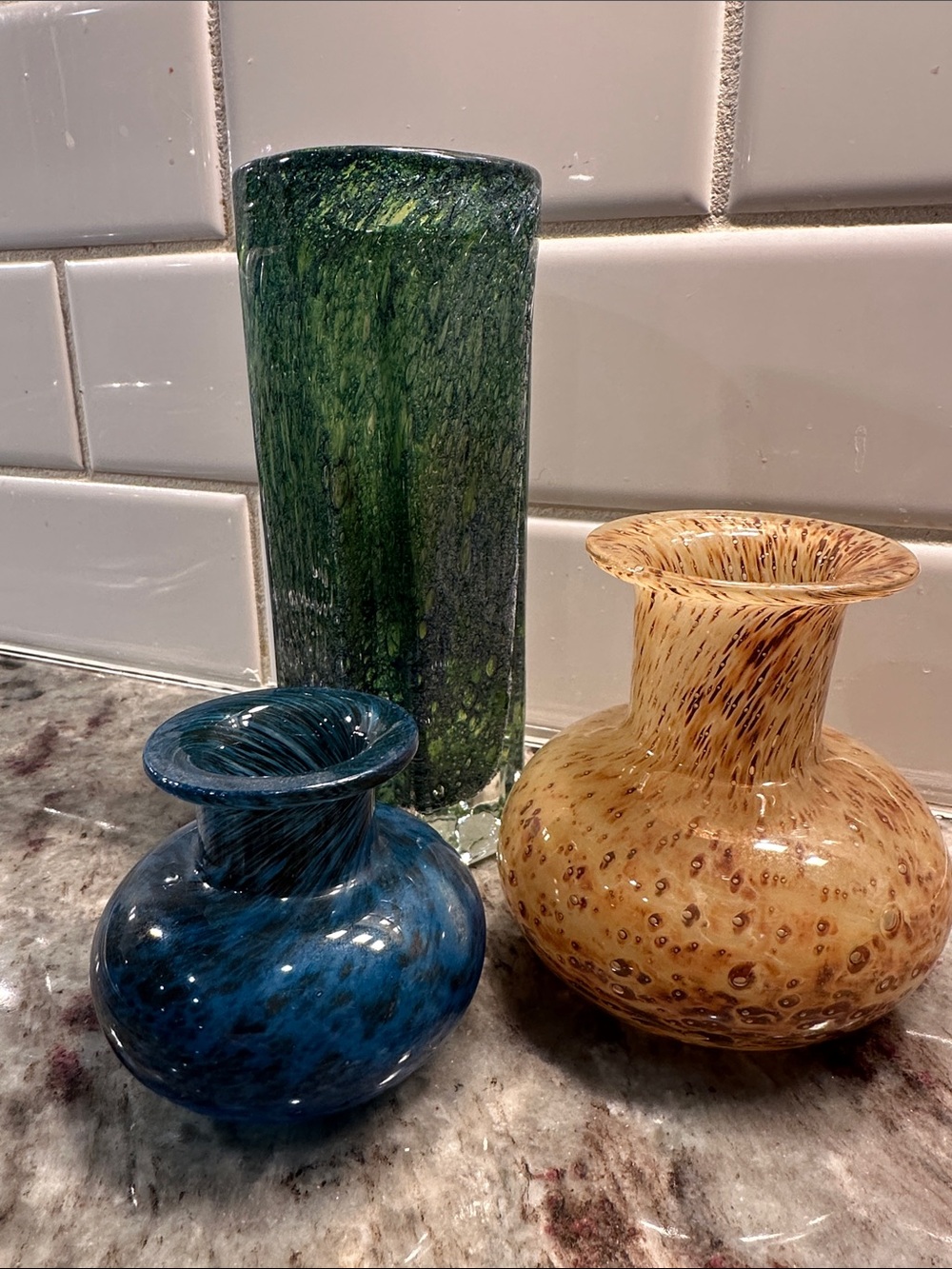 Vintage Hand-Blown Decorative Glass Vase Trio - Blue, Green, Amber